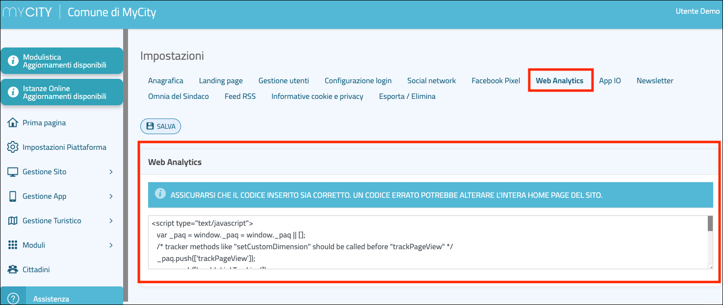 Schermata inserimento codice sul Pannello di controllo MyCity
